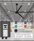Heavy Duty 144 Inch HVLS Industrial Ceiling Fan With Five Slick Aluminum Blades And 200W Ridiculously Quiet DC Motor control panel in warehouse.