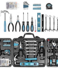 Open view of Home Repair Tool Kit 144 Piece Set with hammer, pliers, wrenches, voltage tester, tape measure, and screwdriver bits in case.