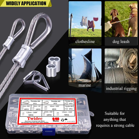 Heavy Duty Wire Rope Thimbles And Aluminum Crimping Loop Sleeves Kit For Rigging Includes 240 Piece Set In 3/64 To 5/32 Inch Range