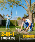 Person using 2 In 1 Cordless Pole Saw And Chainsaw For 20V Max Battery Not Included Tool Only With 1200W Brushless Motor