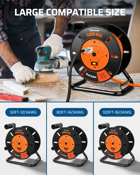 Extension Cord Storage Reel With 4 Grounded Outlets, displayed with compatible sizes on a workbench.