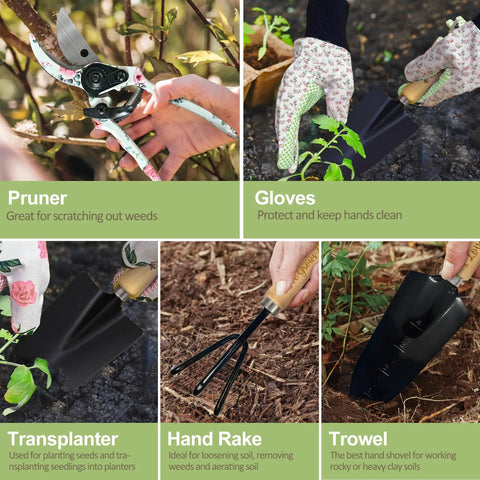 Best Mom Gift Set For Mothers Day From Daughters Floral Garden Tool Kit with pruner, gloves, transplanter, hand rake, and trowel.