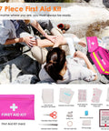 Pink Car Emergency Kit For Women And Teens with pink first aid kit contents and outdoor emergency scene