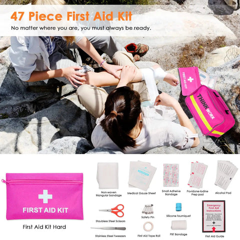 Pink Car Emergency Kit For Women And Teens with pink first aid kit contents and outdoor emergency scene