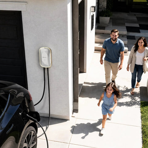 No Sweat Level 2 EV Charger 40 Amp 240V Home Wall Mount Electric Vehicle Plug In Station With Smart App Control And Rfid Card J1772 Nacs Super Quick Charge mounted on a wall outdoors near a family.