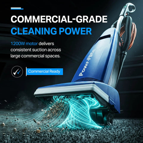 Rigorously Durable Powr Flite Rigel Commercial Upright Vacuum With 1200 Watt Motor For Heavy Duty Cleaning In Retail And Hospitality Spaces Featuring Automatic Height Adjustment Metal Brush Roll And Consistent Power Output For All Your Professional