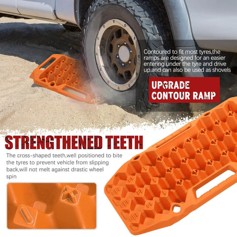 Extendable Offroad Traction Tracks With Jack Base Multifunction Recovery Mat for 4x4 SUV ATV UTV Truck Orange Gen 8 on sand
