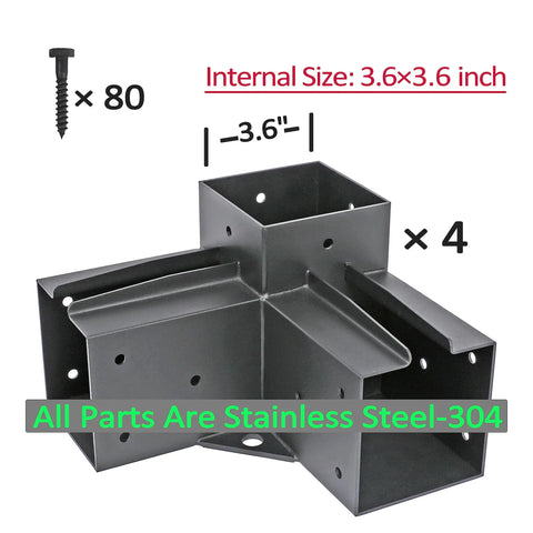 Four Pack Stainless Steel Three Way Right Angle Pergola Corner Brackets With Screws For Heavy Duty DIY Four By Four Posts And Three And A Half Inch Wood Beams Outdoor Gazebo Kit