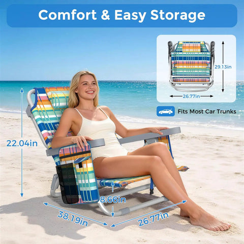 All Day Comfort 5 Position Backpack Beach Chair With Lumbar Support And Ergonomic Backrest, shown on beach folded and unfolded