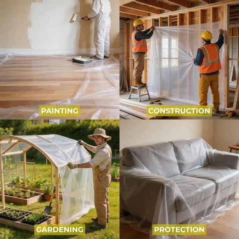 Heavy Duty 6 Mil Plastic Sheeting With UV Protection For Construction Painting And Home Improvement Projects Worksite Ready 10 Ft By 25 Ft Polyethylene Film Rugged Greenhouse Plastic Sheeting in various uses: painting, construction, gardening, and furniture protection.
