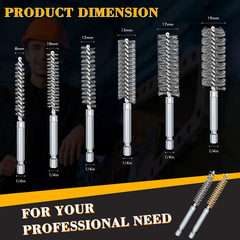 12 Piece Bore Brush Set For Drill With Stainless Steel And Brass Brushes, One Quarter Inch Hex Shanks, Wire Cleaning Kit