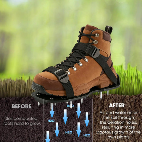 Two Pairs Lawn Aerator Shoes with Hook and Loop Straps for Easy Foot Protection and Spike Action displayed on soil diagram, promoting healthier soil.