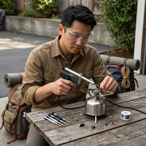 Person using Dual Watt Soldering Gun 400 And 150 Heavy Duty with Trig R Heat Control outdoors for repair work