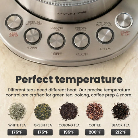 Control panel of Electric Tea Kettle With Infuser For Loose Leaf Tea No Plastic Touching Water Temperature Control Automatic Shut Off 1.5L Borosilicate Glass Hot Tea Maker showing temperature presets for different teas.