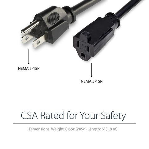 6 Foot NEMA 5-15R To NEMA 5-15P Power Extension Cord For Home Office And Workstations, 125V 13A, 16 AWG Indoor Use UL Listed