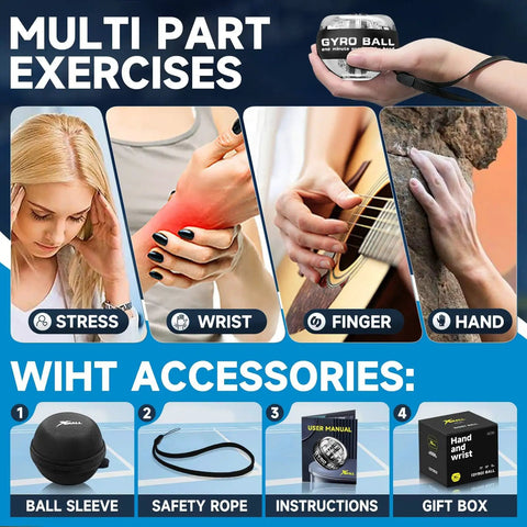 Torque Ball Hand Exerciser Dope Grip Strength Trainer For Forearm Strengthener Wrist Power Gyro Ball Hand Strengthening Device Wrist Strengthener Finger Exerciser Auto Start Black Without Light shown with accessories and uses for stress, wrist, finger, hand exercises.