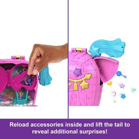 Hand opening Unicorn Partyland Playset with Pocket Dolls and Pets, 25 plus surprise accessories reveal fun surprises inside.