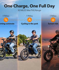 Spark D1 Fat Tire Electric Bike For Teens And Adults, 1500W Peak Motor, 48V 10.4Ah Battery, 16 Inch eBike With 20 Plus MPH Top Speed, Easy City Cruising And Trail Riding, Black, 50-mile range infographic