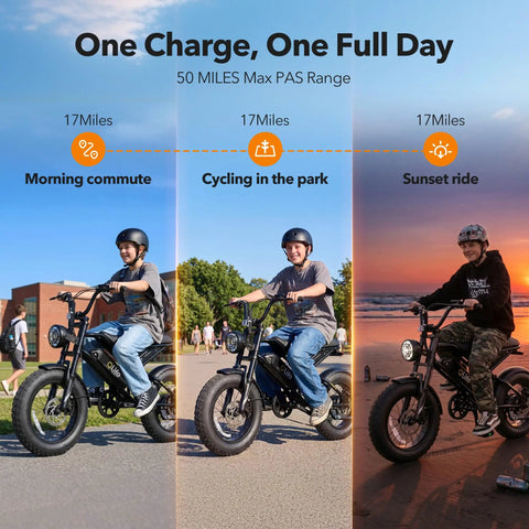Spark D1 Fat Tire Electric Bike For Teens And Adults, 1500W Peak Motor, 48V 10.4Ah Battery, 16 Inch eBike With 20 Plus MPH Top Speed, Easy City Cruising And Trail Riding, Black, 50-mile range infographic