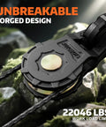 Heavy Duty Snatch Block For Winch Recovery Forged Steel Pulley 22046 Lbs Working Load 45000 Lbs Break Strength Galvanized And Powder Coated For Rugged Durability And Solid Off Road Towing close-up with cable