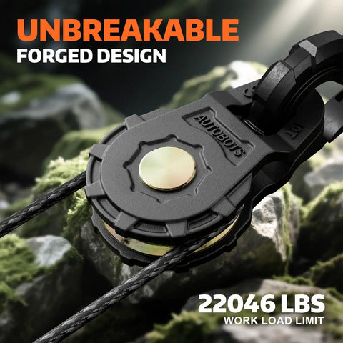Heavy Duty Snatch Block For Winch Recovery Forged Steel Pulley 22046 Lbs Working Load 45000 Lbs Break Strength Galvanized And Powder Coated For Rugged Durability And Solid Off Road Towing close-up with cable