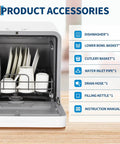 Plug And Play Portable Countertop Dishwasher With Zero Plumbing, showing interior with plates, cutlery basket, and accessories.