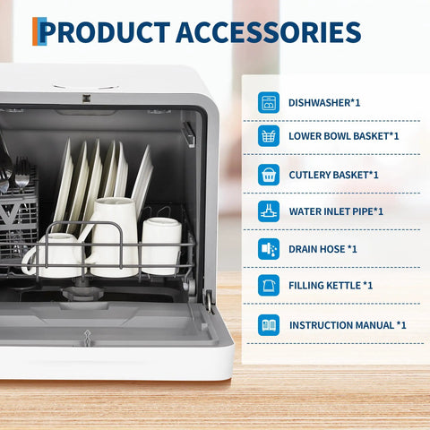Plug And Play Portable Countertop Dishwasher With Zero Plumbing, showing interior with plates, cutlery basket, and accessories.