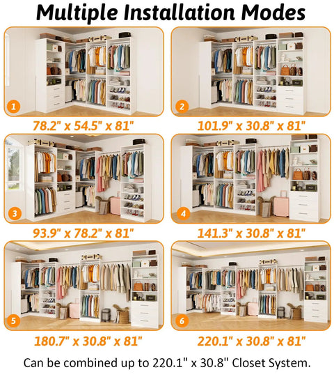 Straight Up Modular Closet Organizer System In Crisp White Featuring Nine Hanging Rods Eight Shelves Three Deep Drawers And A Smart Corner Module showing multiple installation modes.