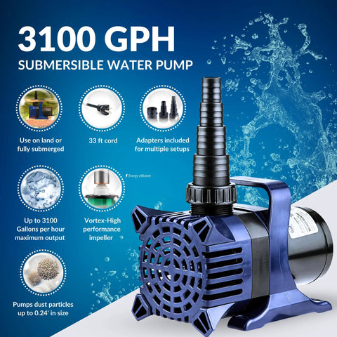 3100 GPH Pro Grade Submersible Water Pump For Ponds And Fountains With 33 Foot Cord displayed with features and connections