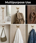 Solid Brass Butterfly Wall Hooks With 33 Lb Capacity, Vintage Gold Finish used for jewelry, backpack, belts, bags, towels, and jackets.