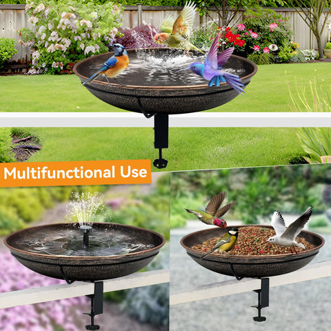 Deck Mounted Bird Bath With Detachable 12 Inch Bowl Thats A Breeze To Clean 0.7 Gallon Capacity Metal Bird Bath For Railings Balcony Fence Outdoors Adjustable Clamp Fits 0.5 To 3.5 Inch with birds bathing and feeding