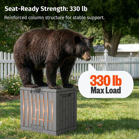 Bear standing on Outdoor Storage Box 31 Gallon Waterproof Resin Deck Box for Backyard showing strength and durability