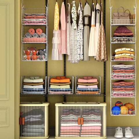 Six Tier Closet Hanging Organizer With Four Heavy Duty Hooks And Five S Hooks, wire baskets holding clothes and accessories