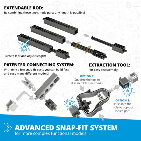 Components of 16 In 1 STEM Building Kit For Kids 9 Plus With Levers And Linkages Advanced Snap-Fit System parts displayed