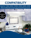 Replacement Aluminum Filter For 46000 42000 40000 F40000 BU2 BU3 Series Range Hoods installed in a kitchen setup.