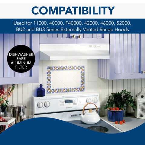 Replacement Aluminum Filter For 46000 42000 40000 F40000 BU2 BU3 Series Range Hoods installed in a kitchen setup.