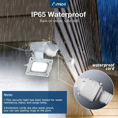 LED Motion Sensor Security Flood Light With 50W 6000LM 6500K IP65 Waterproof 3 Head Exterior Flood Light in the rain on building