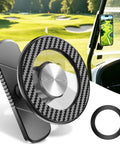 Knockout Magnetic Golf Cart Phone Mount With Heavy Duty Aluminum Bracket shown in black with carbon fiber design, perfect for golfing.