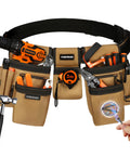 Heavy Duty Workhorse Tool Belt With Smart Magnetic Pocket Zone Fully Adjustable Waistband and Three Modular Detachable Pouches holding tools.