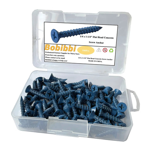 Box of One Quarter By One And A Quarter Inch Flat Head Concrete Screws 100 Pack For Masonry Anchors In Concrete Brick Or Block High And Low Thread Carbon Steel 1022A