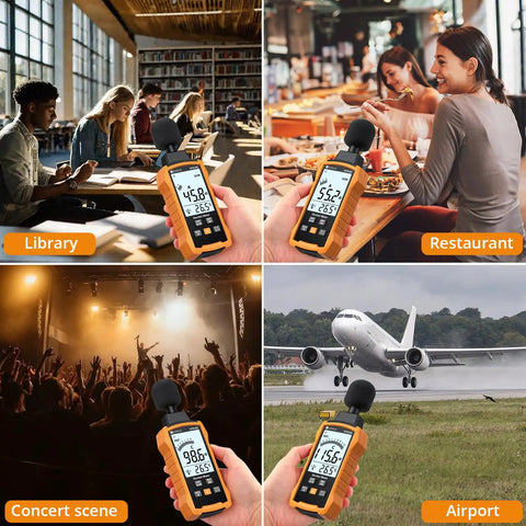 Compact Decibel Meter With A And C Weighting For Real World Noise Readings in library, restaurant, concert, and airport scenes