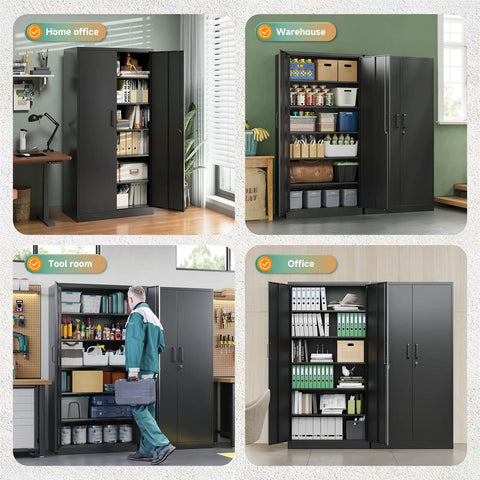72 Inch Metal Garage Storage Cabinet with Locking Doors, 5 adjustable shelves shown in home office, warehouse, tool room, and office settings.