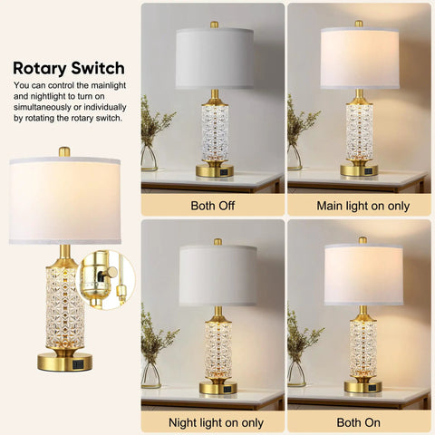 Set Of 2 Dope Gold Table Lamps With USB A And C Ports And Built In Night Light Top Table Lamp Plus Bottom Night Light 4 Way Rotary Switch LED Night Light Perfect For Bedroom Nightstand Living Room, showing rotary switch options on a table.