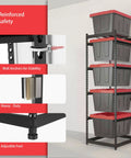 Space-Saving 27 Gallon Tote Bin Rack Organizer, Heavy Duty 5 Tier Storage Shelves, 250 Lb Capacity, Adjustable Rail Spacing From 18 To 20 Inches, Universal Fit For All 27-Gallon Totes, Great For Garage Warehouse Utility, 2 Pack, wall-anchored storage rack with adjustable feet