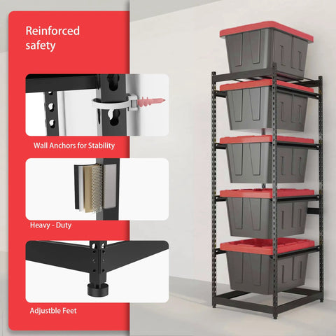 Space-Saving 27 Gallon Tote Bin Rack Organizer, Heavy Duty 5 Tier Storage Shelves, 250 Lb Capacity, Adjustable Rail Spacing From 18 To 20 Inches, Universal Fit For All 27-Gallon Totes, Great For Garage Warehouse Utility, 2 Pack, wall-anchored storage rack with adjustable feet