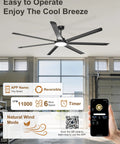 Beefy 84 Inch Industrial Ceiling Fan With Lights, 11000 CFM high airflow, remote and app control in a warehouse setting.
