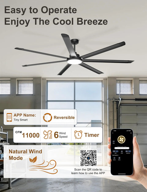 Beefy 84 Inch Industrial Ceiling Fan With Lights, 11000 CFM high airflow, remote and app control in a warehouse setting.