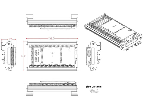 Technical drawing of DIN Rail Mount Screw Terminal Block Adapter Module for Arduino Mega 2560 R3, dimensions labeled in mm.