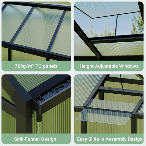 6x8 Ft Greenhouse Kit With Aluminum Frame, Polycarbonate Panels, Walk In Design, Adjustable Roof Vent, Sliding Door, Secure Lock, Sturdy Outdoor Garden Patio Backyard Shelter