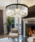 2-Tier Black Modern Crystal Chandelier With 6 Lights, 21.6 Inch Diameter Round Flush Mount in elegant living room scene